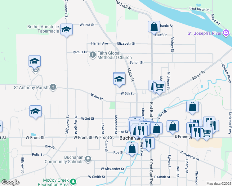 map of restaurants, bars, coffee shops, grocery stores, and more near 410 Moccasin Street in Buchanan