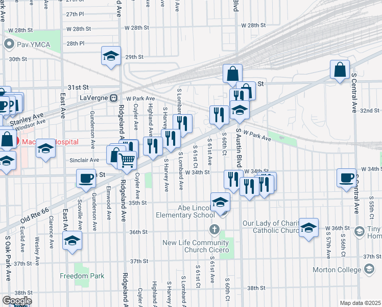 map of restaurants, bars, coffee shops, grocery stores, and more near 3302 S 61st Ct in Cicero