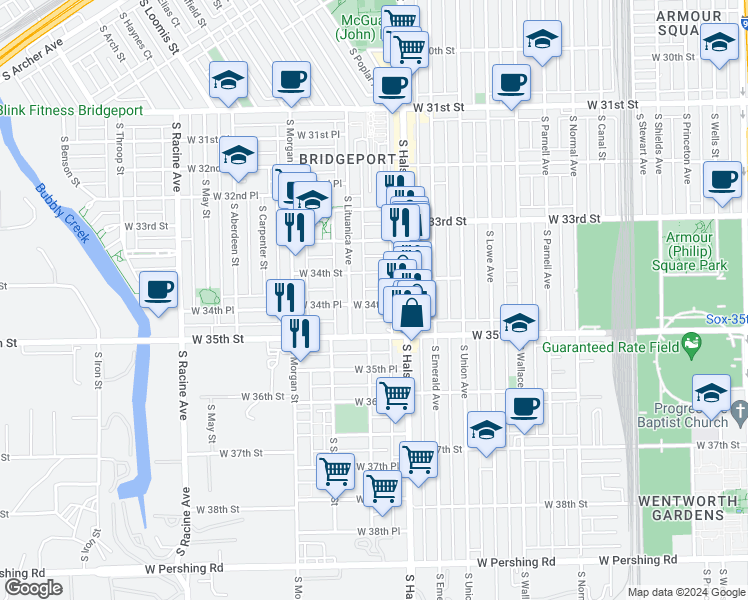 map of restaurants, bars, coffee shops, grocery stores, and more near 832 West 34th Place in Chicago
