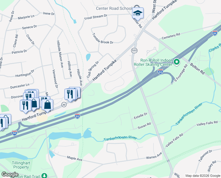 map of restaurants, bars, coffee shops, grocery stores, and more near 33 Elizabeth Lane in Vernon