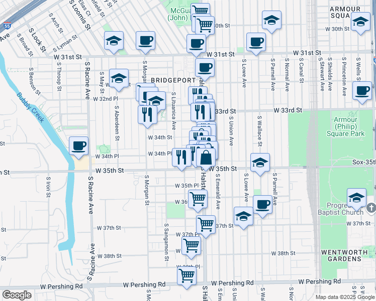 map of restaurants, bars, coffee shops, grocery stores, and more near 830 West 34th Place in Chicago