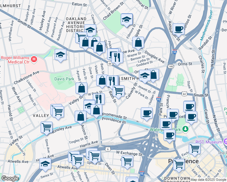 map of restaurants, bars, coffee shops, grocery stores, and more near 65 Bath Street in Providence