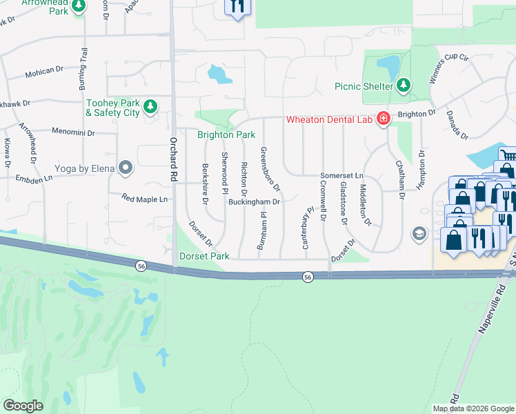 map of restaurants, bars, coffee shops, grocery stores, and more near 1002 Buckingham Drive in Wheaton