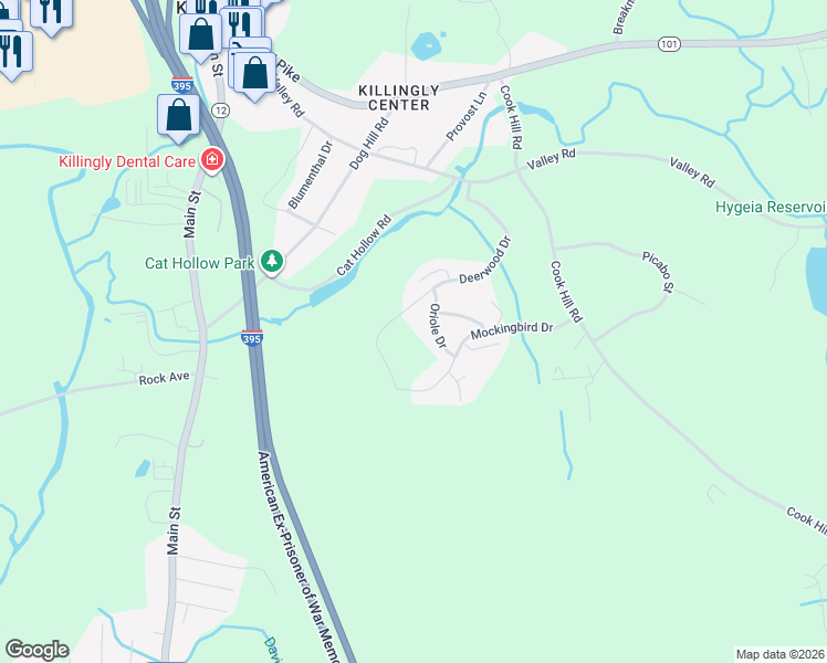 map of restaurants, bars, coffee shops, grocery stores, and more near 6 Oriole Drive in Killingly
