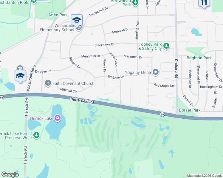 map of restaurants, bars, coffee shops, grocery stores, and more near 26W180 Arrow Glen Court in Wheaton