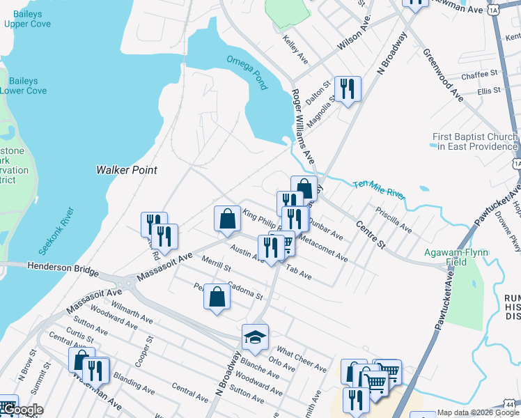 map of restaurants, bars, coffee shops, grocery stores, and more near 33 Larchmere Dr in East Providence
