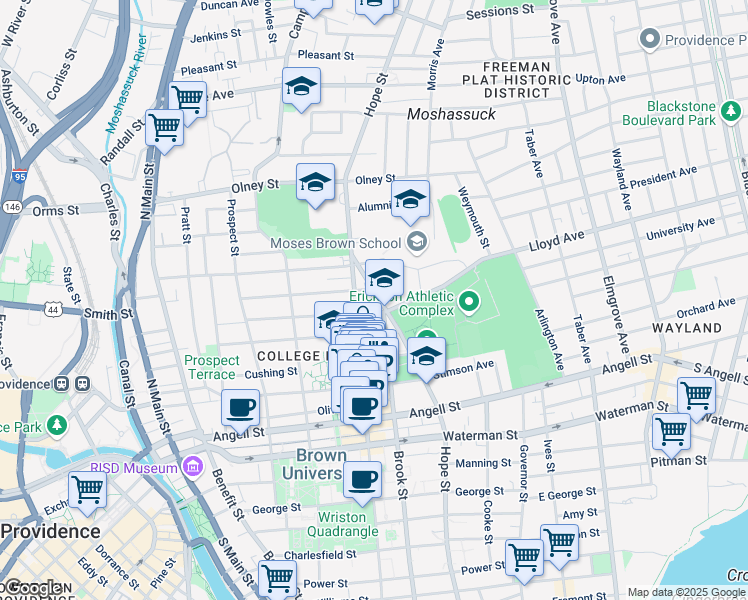 map of restaurants, bars, coffee shops, grocery stores, and more near 252 Hope Street in Providence