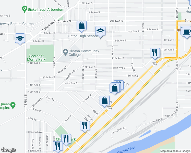 map of restaurants, bars, coffee shops, grocery stores, and more near 901 13th Avenue South in Clinton