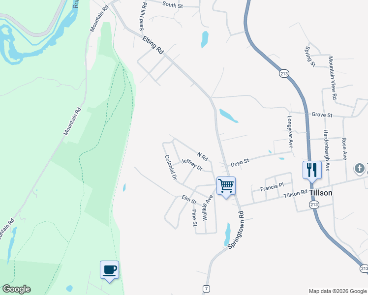 map of restaurants, bars, coffee shops, grocery stores, and more near 43 North Road in Tillson