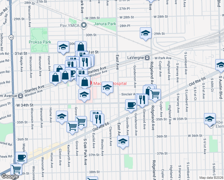 map of restaurants, bars, coffee shops, grocery stores, and more near 3313 Clarence Avenue in Berwyn