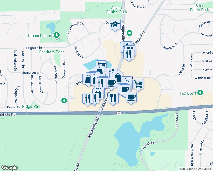 map of restaurants, bars, coffee shops, grocery stores, and more near 2042 South Naperville Road in Wheaton