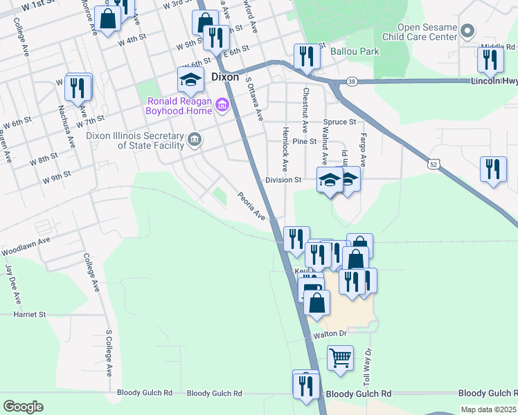 map of restaurants, bars, coffee shops, grocery stores, and more near 1312 Peoria Avenue in Dixon