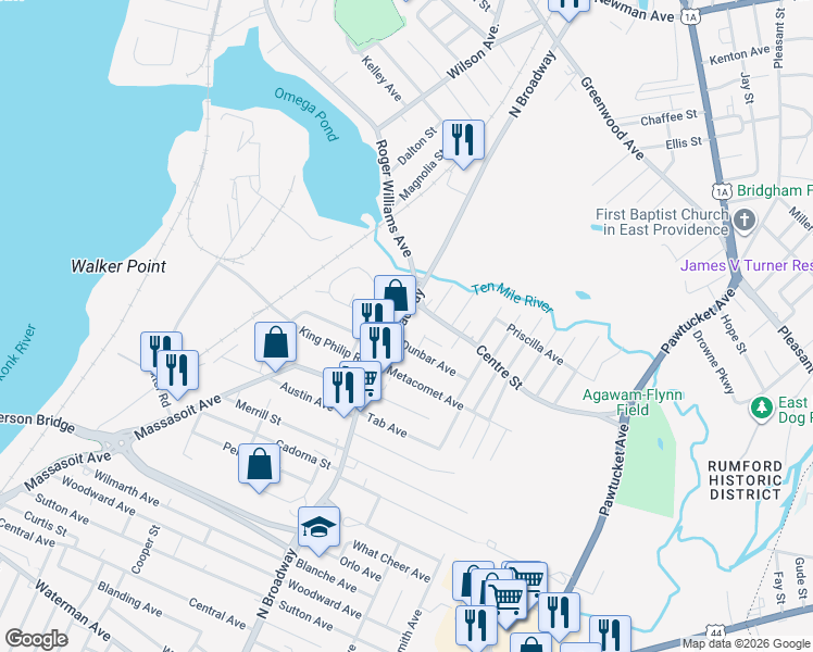 map of restaurants, bars, coffee shops, grocery stores, and more near 340 North Broadway in East Providence