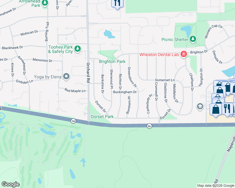 map of restaurants, bars, coffee shops, grocery stores, and more near 1102 Buckingham Drive in Wheaton