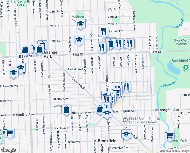 map of restaurants, bars, coffee shops, grocery stores, and more near 3227 Madison Avenue in Brookfield