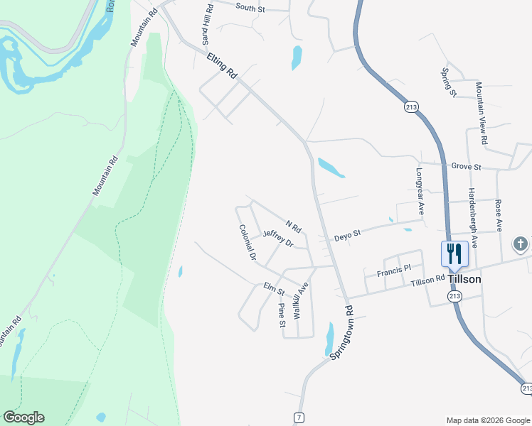 map of restaurants, bars, coffee shops, grocery stores, and more near 43 North Road in Tillson