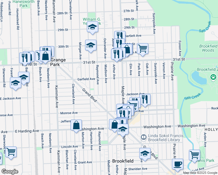 map of restaurants, bars, coffee shops, grocery stores, and more near 3227 Madison Avenue in Brookfield