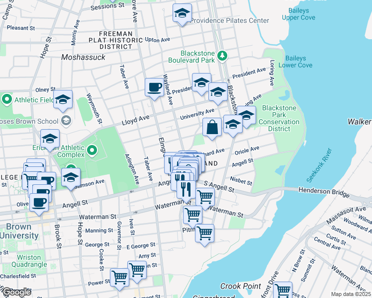 map of restaurants, bars, coffee shops, grocery stores, and more near 90 Humboldt Avenue in Providence