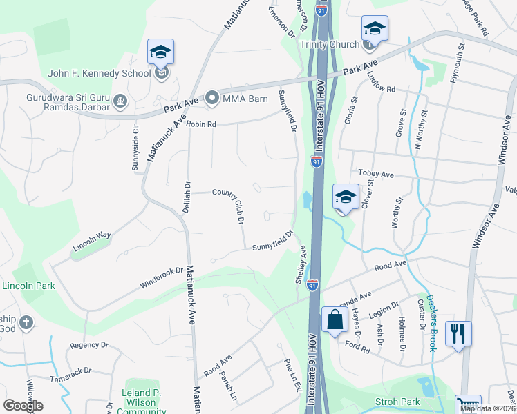 map of restaurants, bars, coffee shops, grocery stores, and more near 32 Fairway Circle in Windsor