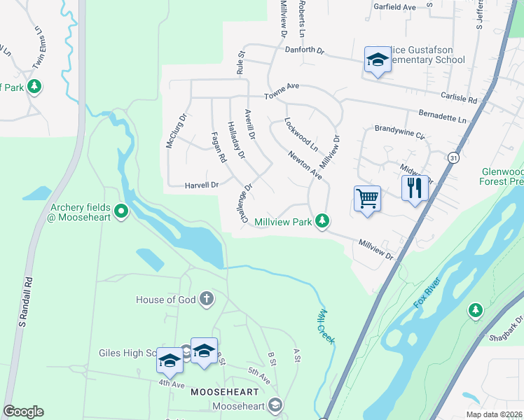 map of restaurants, bars, coffee shops, grocery stores, and more near 1185 Kinne Circle in Batavia