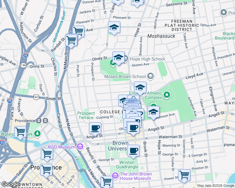 map of restaurants, bars, coffee shops, grocery stores, and more near 65 Keene Street in Providence