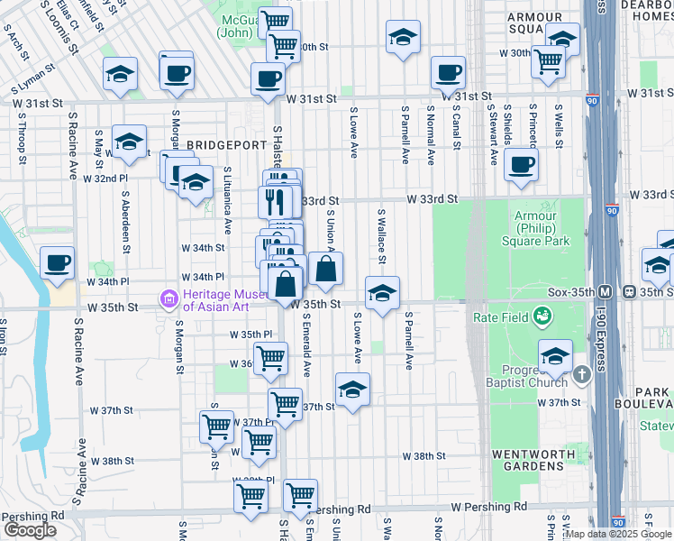 map of restaurants, bars, coffee shops, grocery stores, and more near 3419 South Union Avenue in Chicago