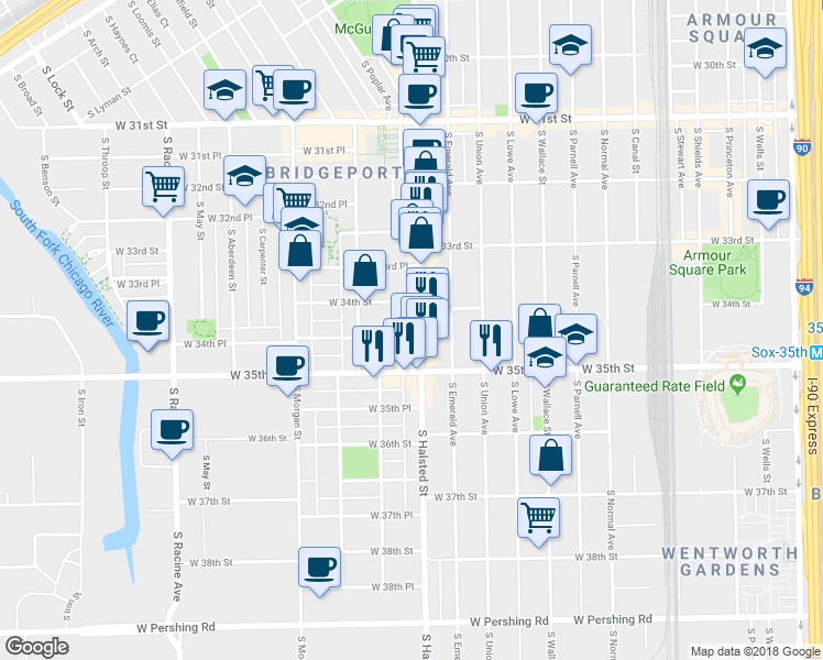 map of restaurants, bars, coffee shops, grocery stores, and more near 3424 S Halsted St in Chicago