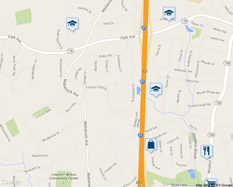 map of restaurants, bars, coffee shops, grocery stores, and more near 32 Fairway Cir in Windsor