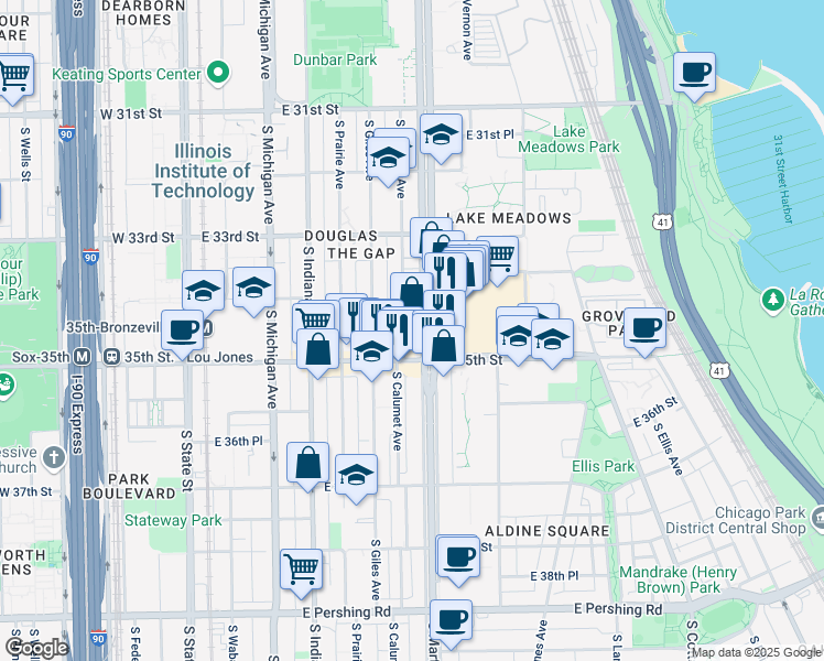 map of restaurants, bars, coffee shops, grocery stores, and more near 3429 South Calumet Avenue in Chicago