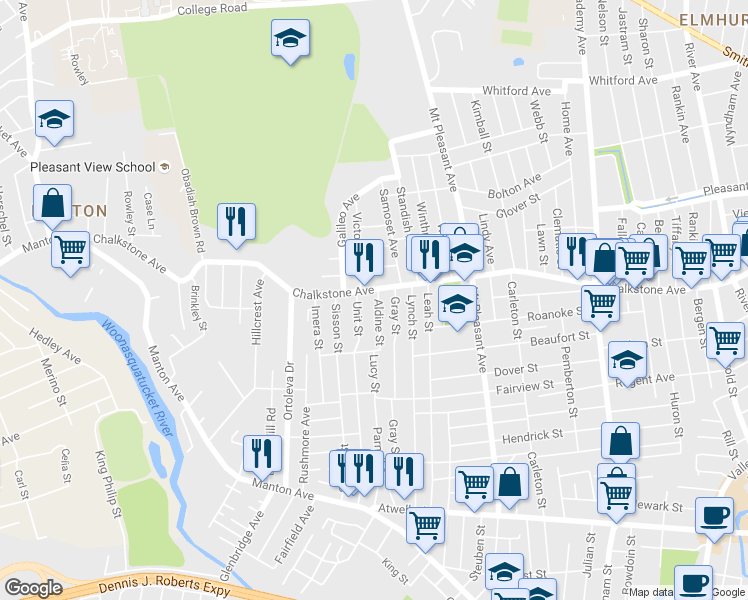 map of restaurants, bars, coffee shops, grocery stores, and more near 62 Aldine Street in Providence