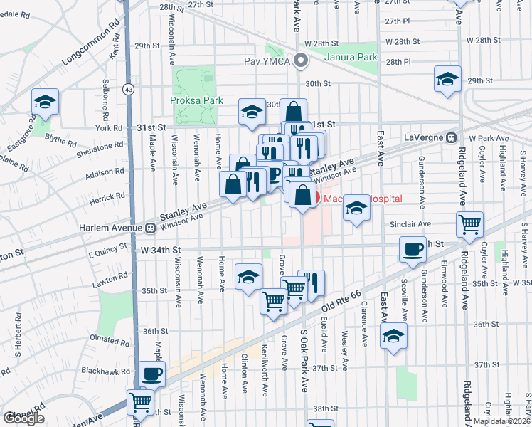 map of restaurants, bars, coffee shops, grocery stores, and more near 3307 Kenilworth Avenue in Berwyn