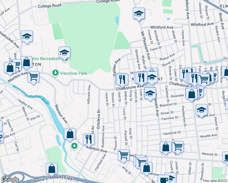 map of restaurants, bars, coffee shops, grocery stores, and more near 1390 Chalkstone Avenue in Providence