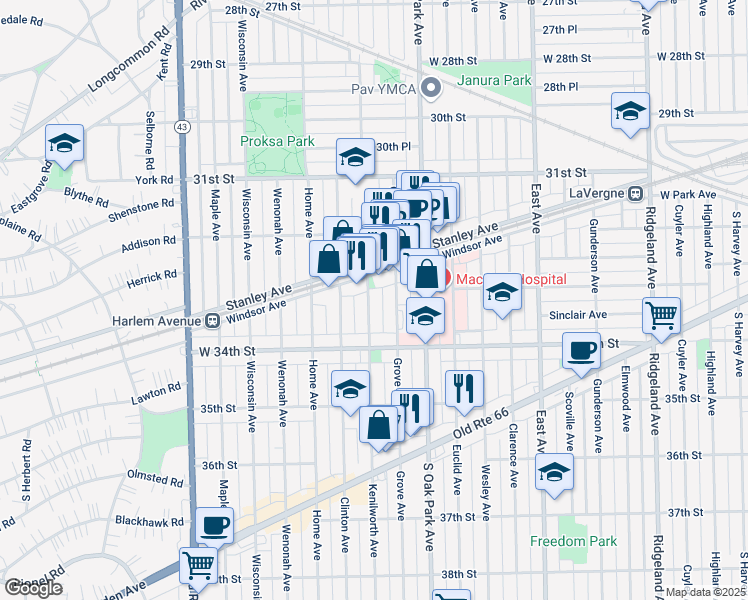 map of restaurants, bars, coffee shops, grocery stores, and more near 3307 Kenilworth Avenue in Berwyn
