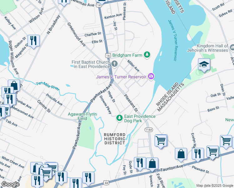 map of restaurants, bars, coffee shops, grocery stores, and more near 3 Judkins Street in East Providence