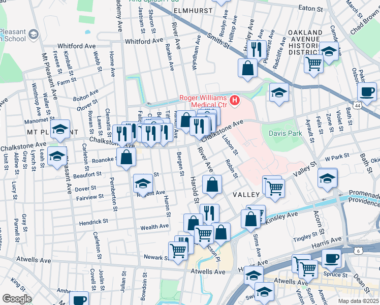 map of restaurants, bars, coffee shops, grocery stores, and more near 183 Harold Street in Providence