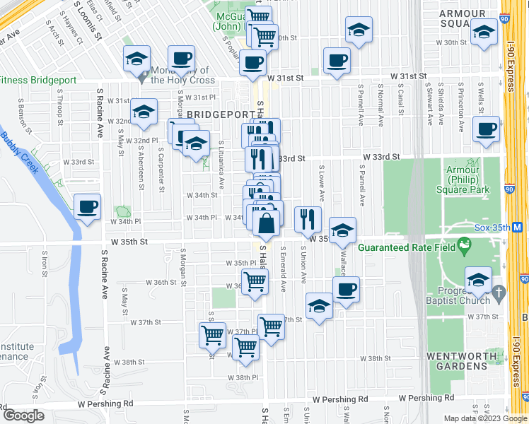 map of restaurants, bars, coffee shops, grocery stores, and more near 3417 South Halsted Street in Chicago