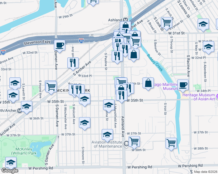 map of restaurants, bars, coffee shops, grocery stores, and more near 3407 South Paulina Street in Chicago