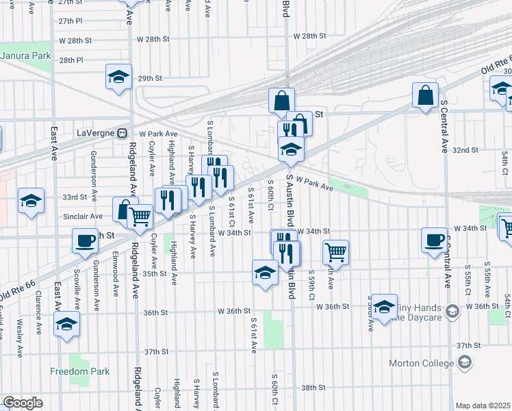 map of restaurants, bars, coffee shops, grocery stores, and more near 3301 South 61st Avenue in Cicero
