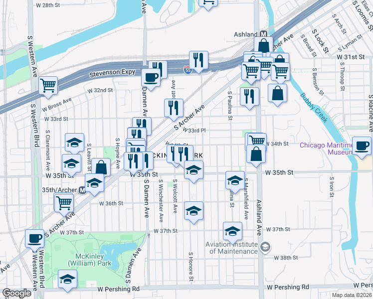 map of restaurants, bars, coffee shops, grocery stores, and more near 1839 West 34th Street in Chicago