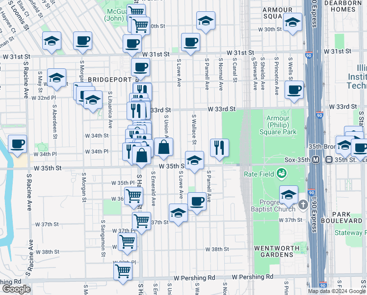 map of restaurants, bars, coffee shops, grocery stores, and more near 3419 South Lowe Avenue in Chicago