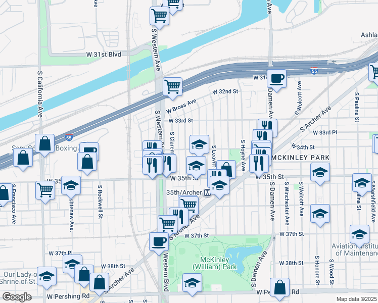 map of restaurants, bars, coffee shops, grocery stores, and more near 3401 South Oakley Avenue in Chicago