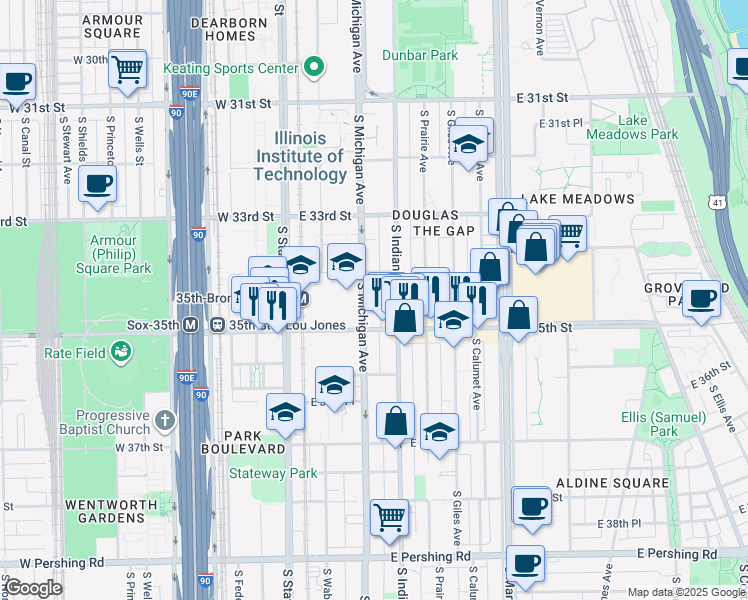 map of restaurants, bars, coffee shops, grocery stores, and more near 3429 South Michigan Avenue in Chicago