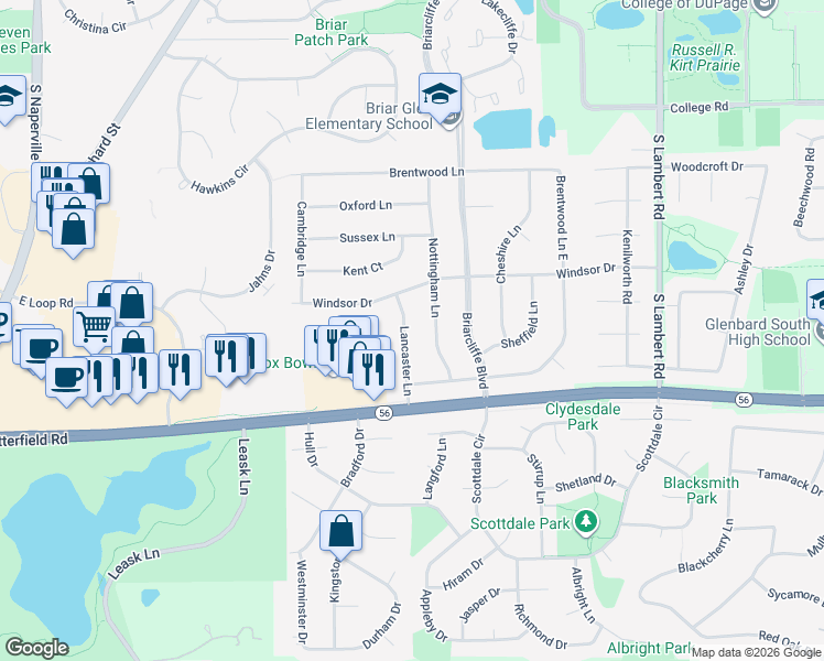 map of restaurants, bars, coffee shops, grocery stores, and more near 1993 Lancaster Lane in Wheaton