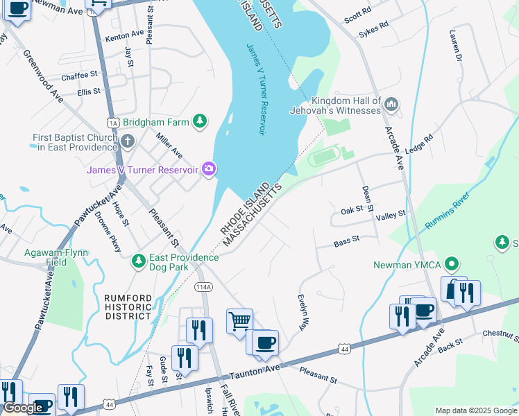 map of restaurants, bars, coffee shops, grocery stores, and more near 98 Quarry Street in Seekonk