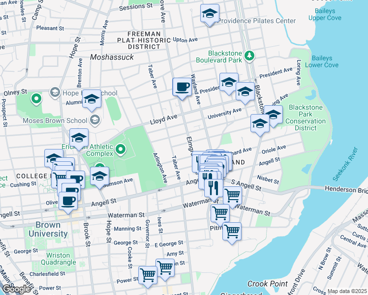 map of restaurants, bars, coffee shops, grocery stores, and more near 17 Elton Street in Providence