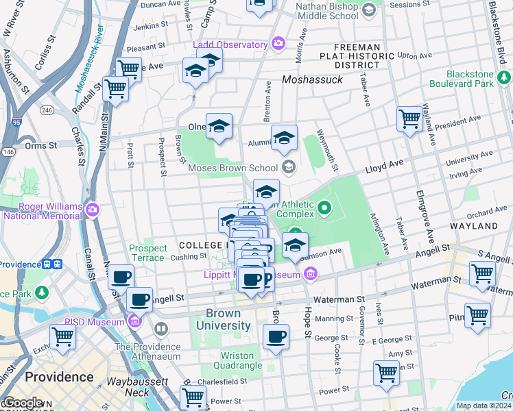 map of restaurants, bars, coffee shops, grocery stores, and more near 1951 Hope Street in Providence