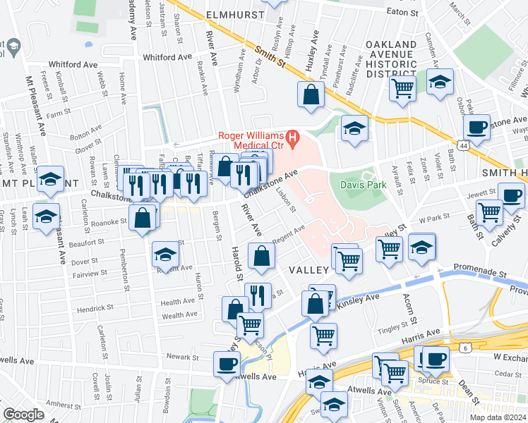 map of restaurants, bars, coffee shops, grocery stores, and more near 49 Berkley Street in Providence