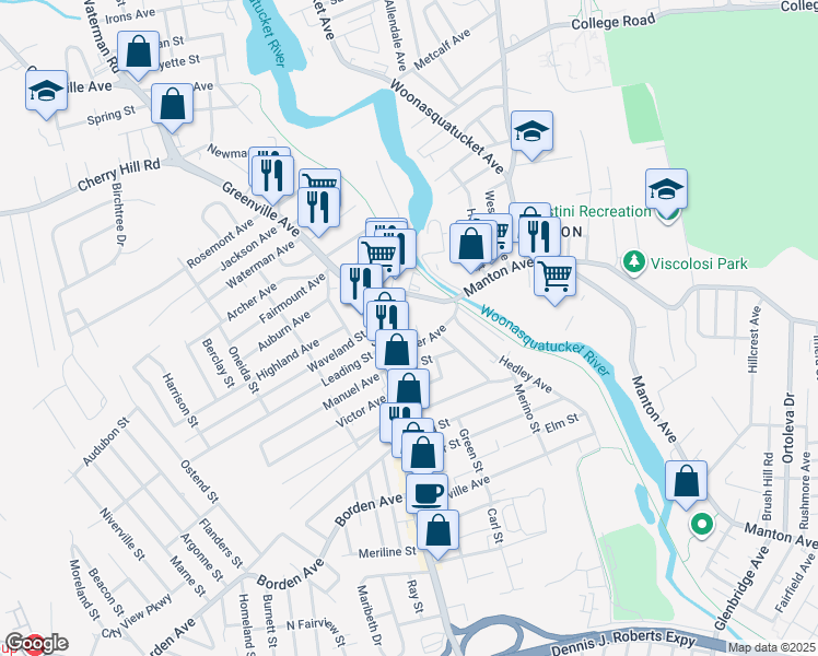 map of restaurants, bars, coffee shops, grocery stores, and more near 7 Amana Court in Johnston