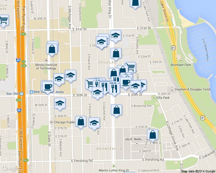 map of restaurants, bars, coffee shops, grocery stores, and more near 3429 South Calumet Avenue in Chicago