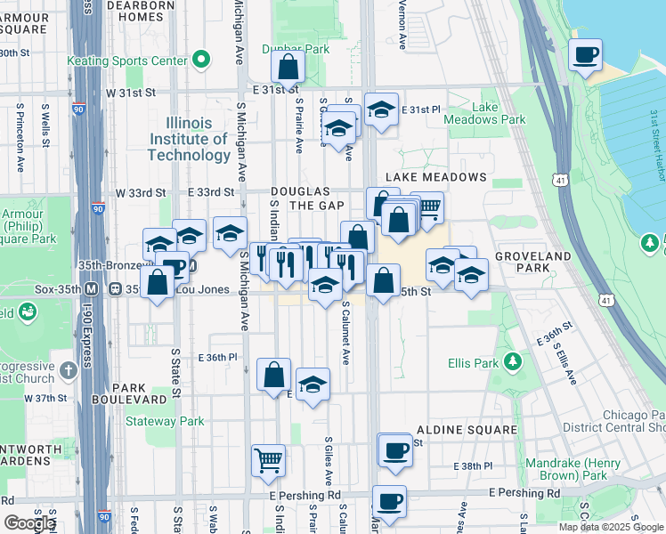 map of restaurants, bars, coffee shops, grocery stores, and more near 3430 South Giles Avenue in Chicago